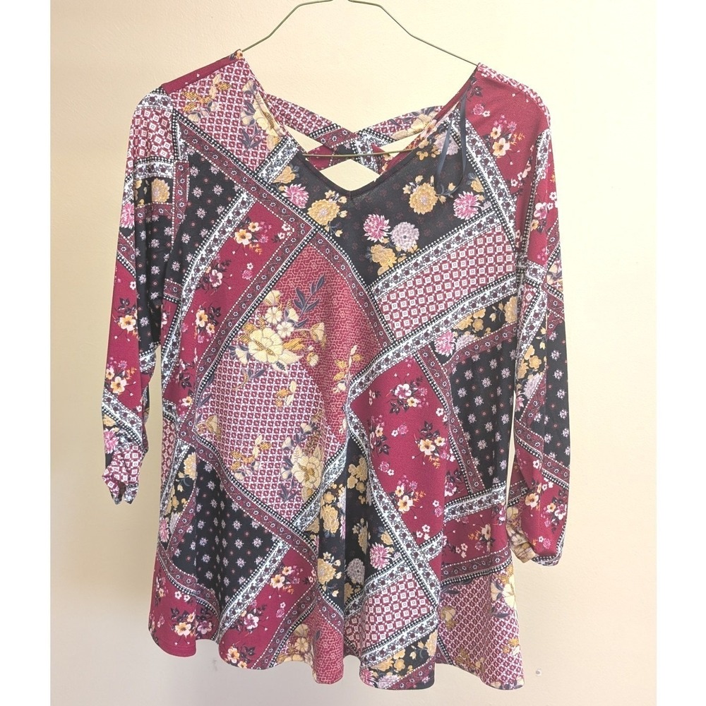Boho Patchwork Floral Tunic Top Burgundy Mixed Print Flowy Blouse 1X - Picture 2 of 10